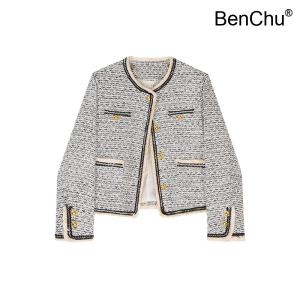 BenChu 24 겨울 가을 기질 머리 당김 자켓 점퍼 코트 여성 금색 둥근 카라 라운드넥 리