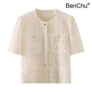 BenChu 프랑스어 엔틱 빈티지 상의 여름 신상 디자인 펀칭 레이스 반팔티 카디건