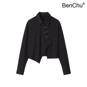 BenChu 중국어 디자인 메탈릭 금색 수평 버클 셔츠 봄 궈펑 랜턴 오버핏 슬림 카디건