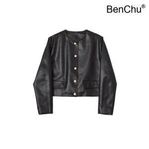 BenChu 숏 가죽 자켓 점퍼 코트 가을 신상 엔틱 빈티지 둥근 카라 라운드넥 Pu 상의