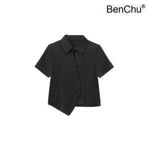 BenChu 중국어 궈펑 펀칭 꽃 자수 불규칙한 셔츠 여름 꽉 허리 슬림 반팔티 카디건 상