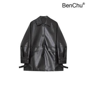 BenChu 가을 신상 거리 엔틱 빈티지 PU 가죽 점퍼 자켓 코트 오버핏 프로필 데일리 블