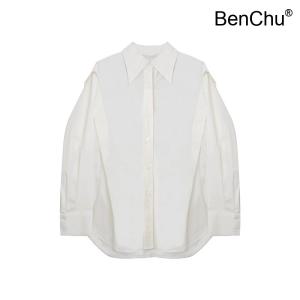 BenChu 기질 무지 디자인 셔츠 봄 신상 통근 흰색 세련된 슬림 상의