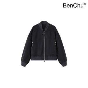 BenChu 가을 겨울 신상 리브 접합 스탠드 칼라 집업 양털 울 자켓 점퍼 코트 숏 야구