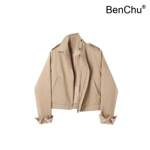 BenChu 스탠드 칼라 카키색 넓은 어깨 점퍼 코트 자켓 가을 신상 리틀 맨 빈티지 엔틱