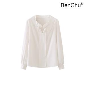 BenChu 디자인 꽃 프릴 여성 셔츠 봄 신상 무지 통근 OL 흰색 상의