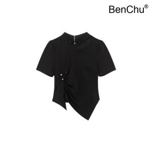 BenChu 그림으로 강남 중국어 개선 반팔티 여름 여성 어깨 슬림 블랙 상의