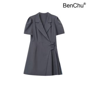 BenChu 높은 감각 블레이저 원피스 여름 신상 꽉 허리 슬림 셔링 거품 반팔티