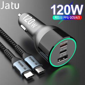 차량용 시거잭 충전기 3 포트 USB C 120W QC5 PD 100W PPS 45W 30W QC3.0 18W 레노버 노트북용 아이폰 호환