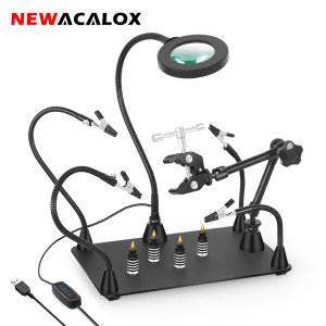 NEWACALOX 마그네틱 납땜 서드 핸드 PCB 거치대 히트 건 스탠드 3X LED 돋보기 헤비 듀티 용접 워크스테이션