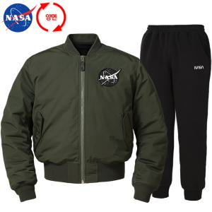 NASA 나사 남녀공용 양면 패딩항공점퍼+면 조거팬츠 상하세트 N-853UKH+N-350PBK 투웨이 MA-1 자켓 블루종 잠바 바람막이 아우터 오버핏 남자 여성