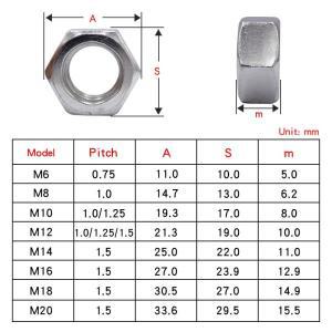 가는 나사 육각 너트 M6 M8 M10 M12 M14 M20 304 스테인레스 스틸 피치 0.75 1 1.25 볼트 일치