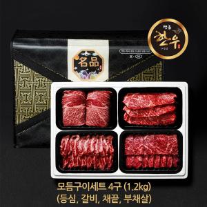 국내산 1+등급 명품 한우 4구 모듬구이세트 1.2kg 등심 갈비 채끝 부채 각600g