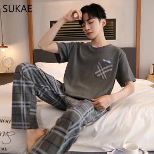 SUKAE 남녀공용 루지웨어 플러스 사이즈 L-5XL, 여름 코튼 잠옷, 레저 남성 Pj 반팔 풀 팬츠, 남성 잠옷 세트