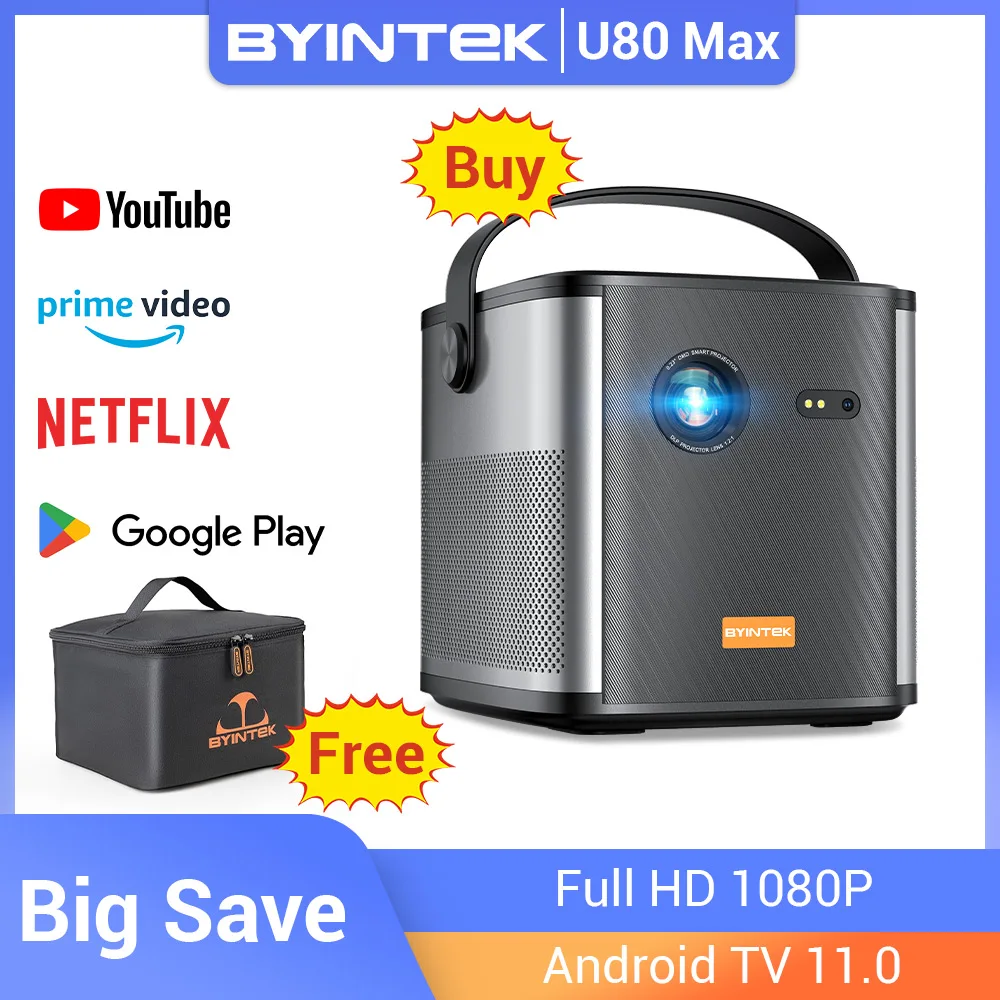 BYINTEK U80 Max 프로젝터, 3D 4K 시네마, 안드로이드 11.0, 와이파이, 미니 휴대용 1080P 홈 시어터 비디오 DLP 프로젝터, 배터리 포함