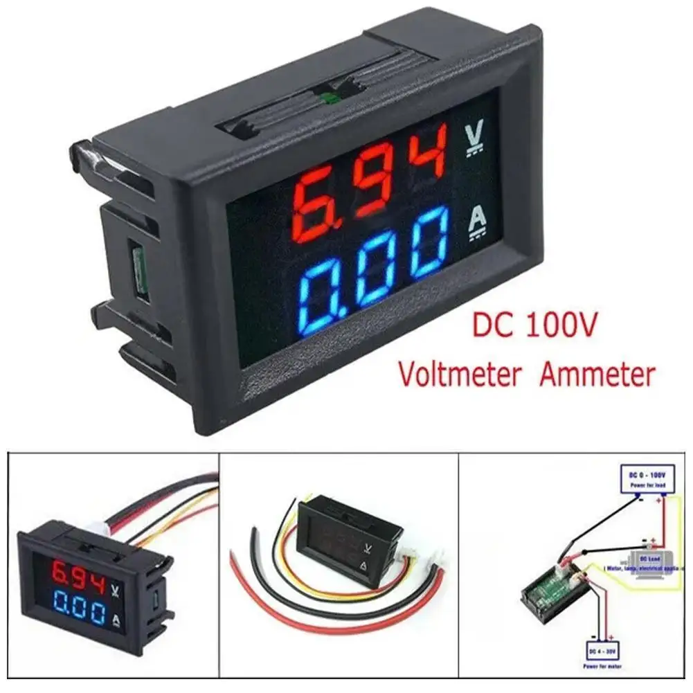 디지털 전압계 전류계 DC 100V 10A 암페어 전압 전류 계량기 테스터, 0.28 인치 듀얼 LED 디스플레이 패널, 연결 전선 포함