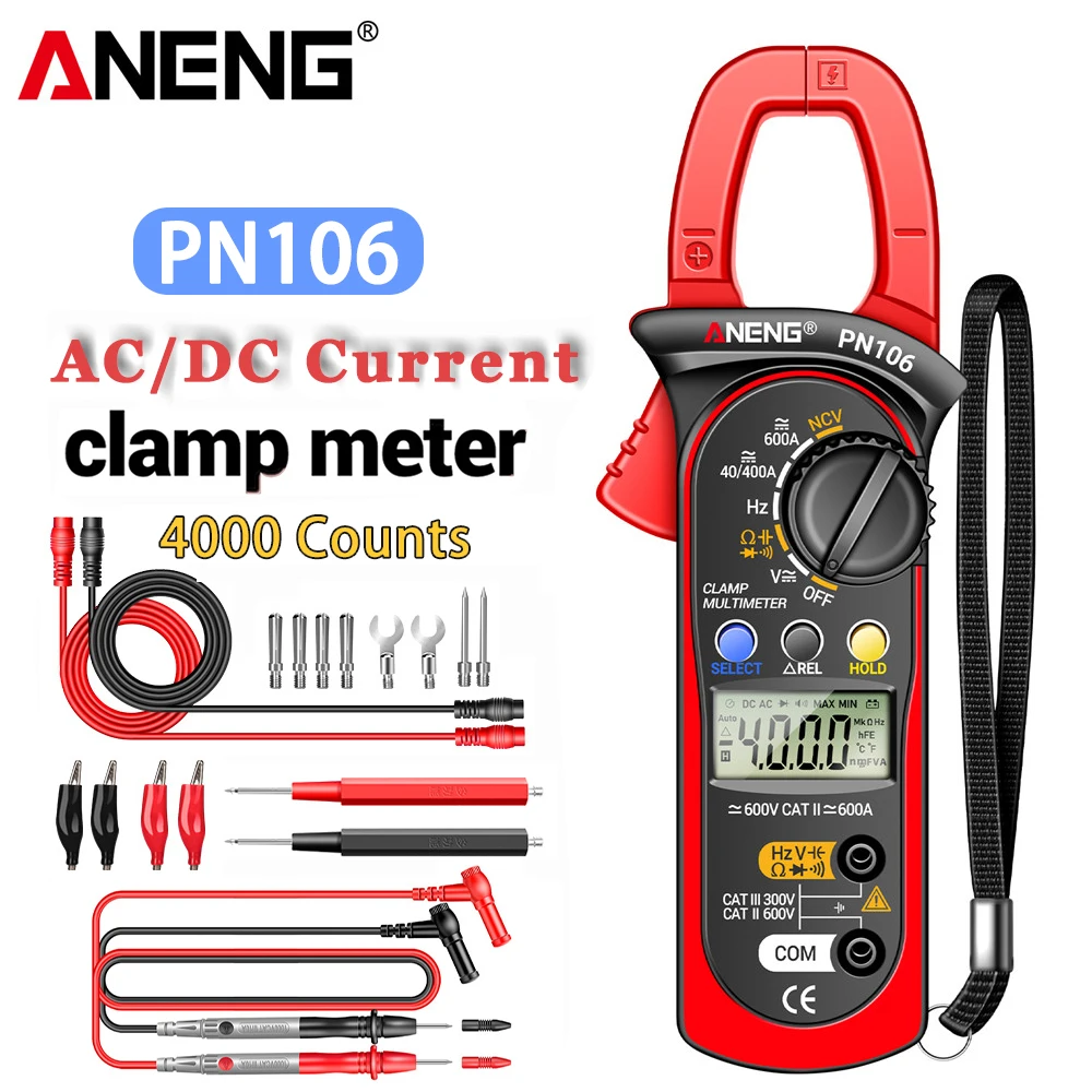 ANENG PN106 AC/DC 클램프 계량기, 600A 전류 전압, 고정밀 4000 카운트, 디지털 멀티미터 테스터 도구, 전기기사용