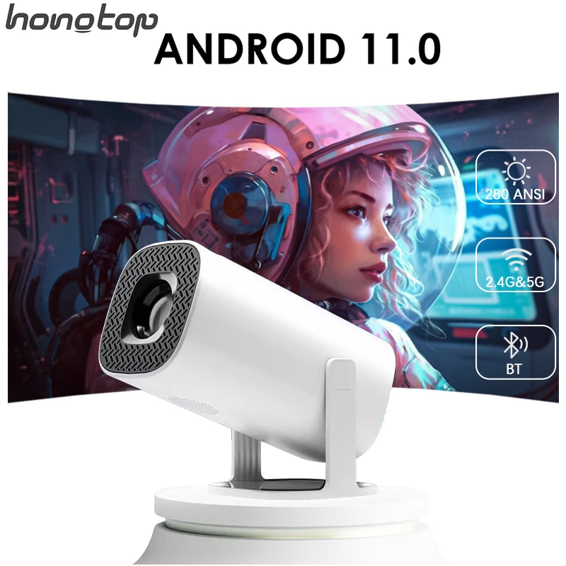 HONGTOP P30 스마트 미니 프로젝터, 홈 시네마 휴대용 프로젝터, 안드로이드 11, 와이파이 6, 지지대, 4K, 1080P, BT5.0, 1280x720P