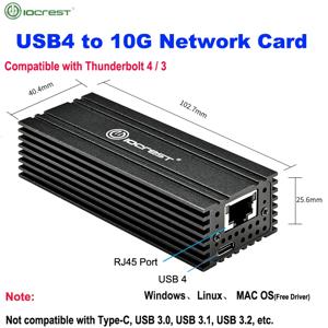 IOCREST USB4 단일 포트 이더넷 어댑터, 썬더볼트 3/4, RJ45, 10GBASE-T 이더넷 지지대 맥 호환, 10G