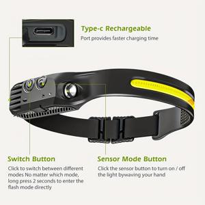 LED 미니 다기능 웨이브 감지 헤드라이트, Cob 야외 낚시 강한 빛 손전등
