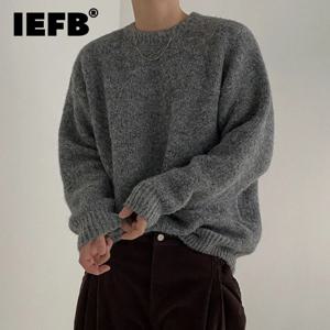 IEFB 남성용 뜨게 탑 캐주얼 루즈 라운드 넥 풀오버 스웨터, 한국 패션, 남성 단색 니트, 2023 가을, 9C2387