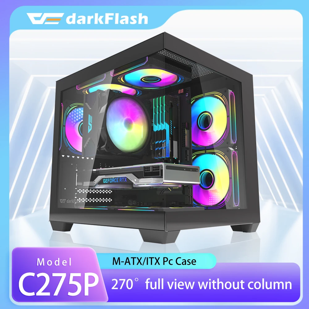 Darkflash PC 케이스 씨뷰 룸 게이밍 컴퓨터 데스크탑 M-ATX 마더보드, 양면 강화 유리, PC 게이머 캐비닛, C275P