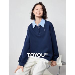 TOYOUTH 여성용 후드티, 스플라이싱 패치록, 페이크 투피스 턴다운 칼라 풀오버, 맨투맨 탑, 2024 가을 신상