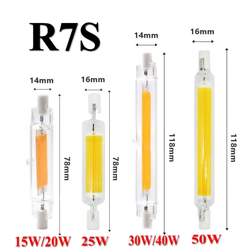 R7S LED 유리 튜브 COB 전구 118mm 30W 40W, R7S 옥수수 램프 J78 J118 AC220V 110V, 할로겐 조명 교체 50W 램프, 78mm 15W 20W