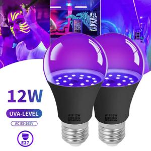 E27 LED 블랙 라이트 전구, A19 12W UV 블랙 라이트, UVA 385-400nm 어둠 속에서 빛남, 가장 무도회 파티 할로윈, 2 팩