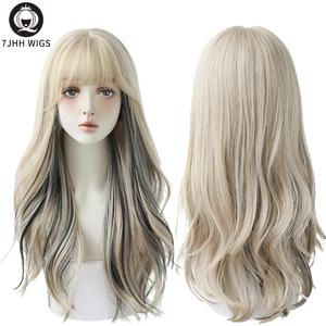 7JHH WIGS 긴 웨이브 하이라이트 합성 가발, 물결 곱슬 머리, 블랙 블론드, 푹신한 앞머리, 여성 데일리웨어, 사계절