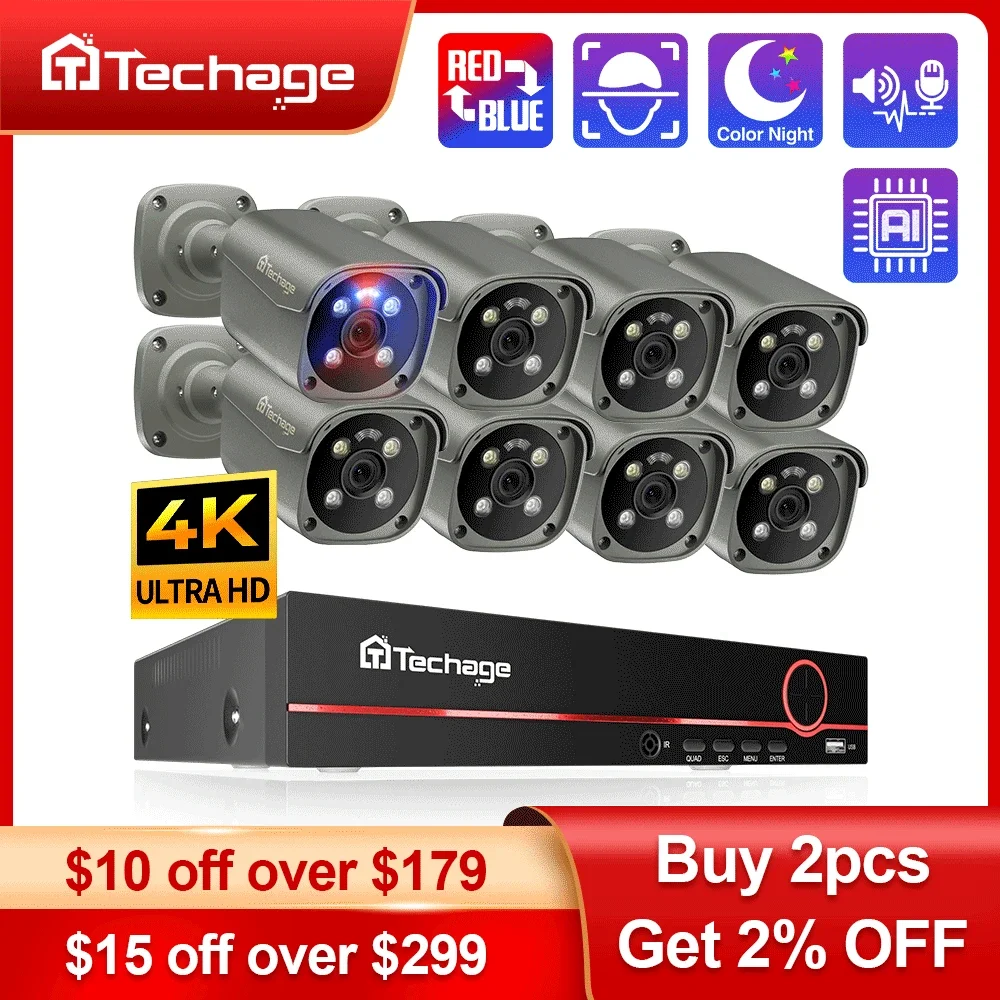 Techage-4K 보안 카메라 시스템 울트라 HD 8MP POE NVR 양방향 오디오 얼굴 감지 컬러 나이트 비전 CCTV 비디오 감시 세트, 감시카메라 씨씨티비