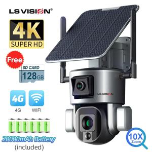 LS VISION 듀얼 렌즈 태양광 카메라, 야외 4G/WiFi 듀얼 스크린, 4X 10X 광학 줌, 휴머노이드 추적 PTZ 보안 카메라, 4K 8MP