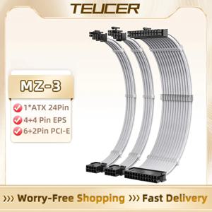 TEUCER MZ-3 흰색 PSU 익스텐션 케이블 키트, 3 in 1 세트, 300mm PSU-ATX 24 핀 PCI-E 6 + 2 핀 CPU 4 + 4 핀 케이블, 빗 포함