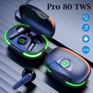 TWS Pro80 폰 블루투스 5.3 이어폰, 무선 헤드폰, 하이파이 스테레오 헤드셋, 마이크 포함, LED 디스플레이, 휴대폰용 스포츠 이어버드