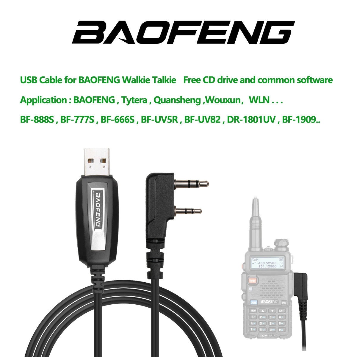 Quansheng Baofeng USB 프로그래밍 케이블, UV-K5 UV-5RE UV-5R Pofung UV 5R uv5r 888S UV-82 UV-10R 양방향 라디오 워키토키용