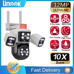 방수 CCTV 야외 와이파이 전화 네트워크 카메라, PTZ 360 지능형 보안 카메라, Linook12MP, 6K, 3 렌즈