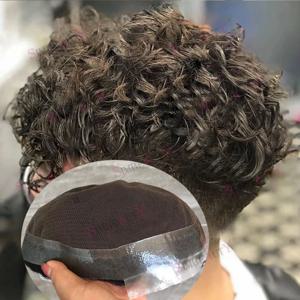 Toupee 통기성 레이스 얇은 피부 PU 베이스 다크 브라운 인모 교체 시스템, 남성 헤어 피스, 20mm 곱슬 남성 가발, 2024 신제품