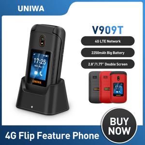 UNIWA V909T 대형 푸시 단추 플립 폰, 듀얼 스크린, 0.3MP 카메라, FM 라디오, 러시아어 히브리어 키보드, 2250mAh 클램쉘 핸드폰