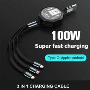 3 in 1 개폐식 USB 100W 케이블, 고속 충전 및 데이터 마이크로 USB C 타입, 아이폰 안드로이드 폰 샤오미 화웨이 OPPO용