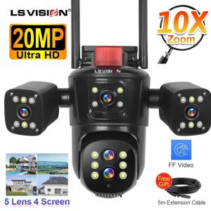 LS VISION 무선 야외 와이파이 IP 카메라, PTZ 자동 추적 방수 CCTV 카메라, 10X 광학 줌, 5 렌즈, 20MP, 4 개 화면