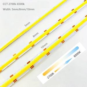 DC CCT COB LED 스트립 조명, 색상 변경 LED 테이프, 선형 더블 컬러 RA90, 조도 조절 리본, 2700K-6500K, 폭 5mm, 8mm, 12V, 24V