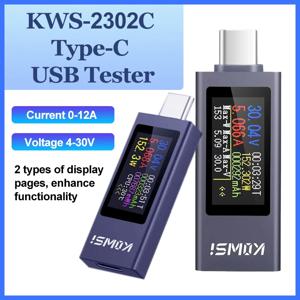 KWS-2302C C타입 USB 테스터, 다기능 디지털 디스플레이, 전압 전류 전원 계량기, 휴대폰 충전 테스터, DC 4-30V, 0-12A