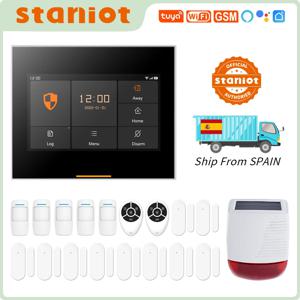 Ostaniot Tuya 스마트 무선 GSM WIFI 홈 보안 경보 시스템, 야외 태양열 사이렌 Alexa 및 Google 홈과 호환 가능，10개 언어 내장,10개 언어로 된 음성 안내