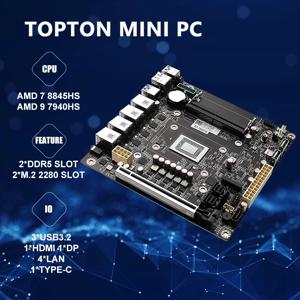 Topton 6 베이 NAS 미니 ITX 마더보드, 4X i226-v, 2.5GbE 포트, AMD Ryzen 7 8845HS 9 7940HS, 8 코어 16 스레드, 최대 5.2GHz, 2X DDR5