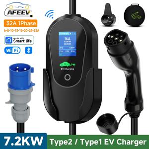 AFEEV 타입 2 IEC 62196-2 휴대용 EV 충전기, 7.2KW, 32A 타입 1 SAEJ1772 월박스 EVSE 고속 충전 케이블, 와이파이 앱 블루투스 제어