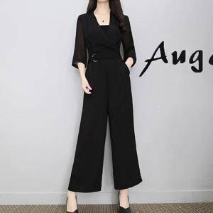 여성을위한 블랙 우아한 jumpsuits 2019 여름 쉬폰 7 슬리브 넓은 다리 여자 playsuit ol 비즈니스 jumpsuit 우편 dd2087