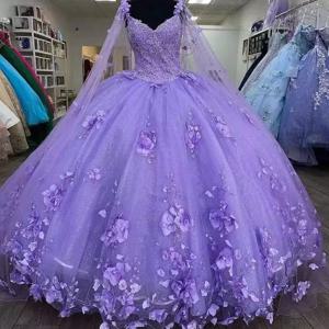 ANGELSBRIDEP 라벤더 볼 가운 Quinceanera 드레스와 케이프 15 파티 3D 꽃 신데렐라 16 공주 가운 랩