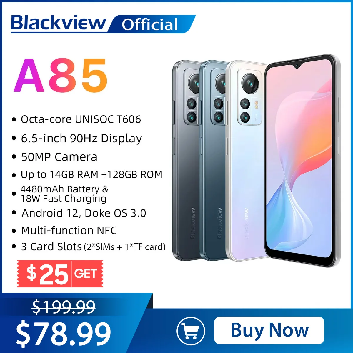 Blackview A85 안드로이드 12 스마트폰, 14GB, 128GB, 6.5 인치, 90Hz 디스플레이, 50MP 후면 카메라, 4480mAh, 18W 충전 3 슬롯 카드, NFC 휴대폰