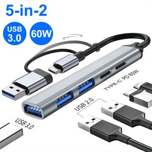 레노버 맥북 프로 컴퓨터 액세서리용 멀티 USB 분배기 어댑터 OTG, 5 인 2 USB C 허브, C타입-USB 3.0 허브, PD 65W