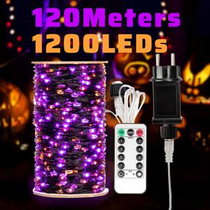 1200 LED 퍼플 및 오렌지 할로윈 조명 장식, 할로윈 스트링 조명, 가정용 야외 할로윈용 플러그인 작동